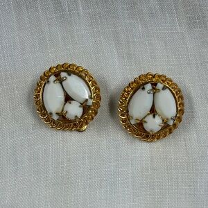 Vintage Gold and White Round Glass Cabochon Clip Earrings
